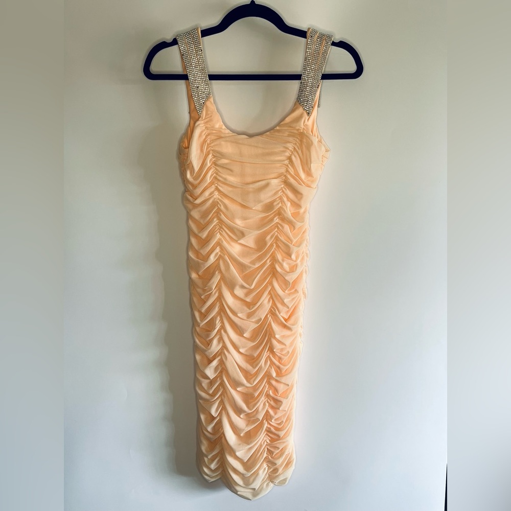 Arden B Rouched Peach Dress with shiny shoulder straps, Small